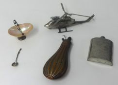 A 19th century copper powder flaks, novelty helicopter table lighter, hammered pewter hip flasks,