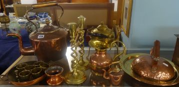 A large Victorian copper kettle with acorn finial, a metal slipper box, with hinged lid, an Arts &