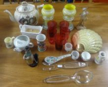 Various chinaware, novelty teapots. Cranberry glass beaker, shell wall pocket etc..