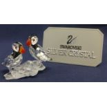 Swarovski Crystal Glass Pair of Puffins on a Rock.