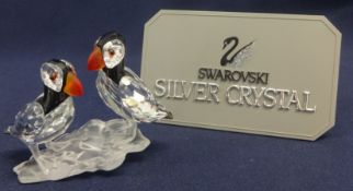 Swarovski Crystal Glass Pair of Puffins on a Rock.