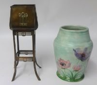An E.Radford pottery vase and an Arts & Crafts style brass small planter on stand
