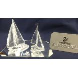 Swarovski Crystal Glass Twin sail Yacht & Silver Crystal small yacht on Silver Stand. With Glass