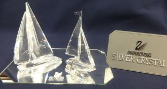 Swarovski Crystal Glass Twin sail Yacht & Silver Crystal small yacht on Silver Stand. With Glass