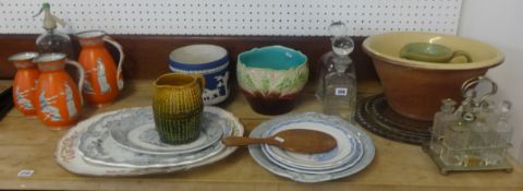 A set of three 19th century graduated jugs, Wedgwood jasperware jardinière, Victorian platters and