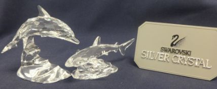 Swarovski Crystal Glass Dolphin and Shark both on Glass plinths.