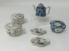 Three Chinese bowls with covers, a Teapot and two small dishes circa 1900, 9cm height