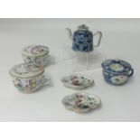 Three Chinese bowls with covers, a Teapot and two small dishes circa 1900, 9cm height