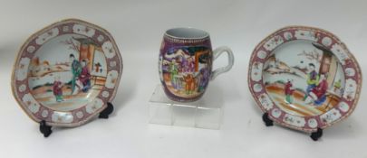 A pair of Chinese plates and a Tankard 18th century