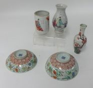 A Chinese bowl and cover and three vases 19th century, bowl 14cm width and vase 13cm height