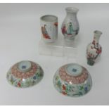 A Chinese bowl and cover and three vases 19th century, bowl 14cm width and vase 13cm height