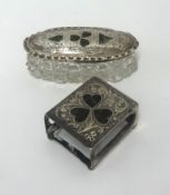A silver match case inlaid with green hard stone and similar silver and glass box (S & SN).