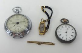 A 9ct gold pearl set bar brooch, 9ct gold 1920's ladies wrist watch (with inscription) also a Mentor