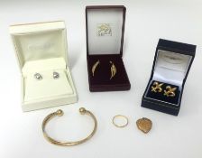 A 9ct gold three colour bangle, pair white gold modern earrings, gold locket, pair drop earrings,