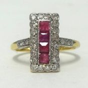 An 18ct gold and platinum ruby and diamond ring, having four central rubies within a border of round