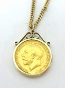 A Geo. V 1913 gold sovereign mounted as a pendant on 9ct gold chain.