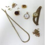 A small 9ct gold ladies fob watch, a Mondia watch, other items including a gold watch case, gold