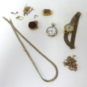 A small 9ct gold ladies fob watch, a Mondia watch, other items including a gold watch case, gold