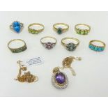 A collection of eight mainly 9ct gold dress rings, weight approx 22gms, also a pendant.