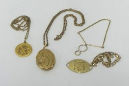 A 9ct gold tie chain, other gold chains, pendant and locks, approx 36gms.