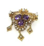 Antique 9ct Amethyst and pearl ornate pendant/ brooch.