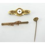 A Victorian 9ct memorium brooch, a 9ct tie pin and a 9ct bar broch, approx 6.30gms
