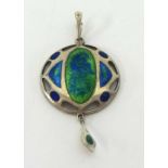 A silver and enamelled pendant also a silver and Amber type necklace.