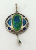 A silver and enamelled pendant also a silver and Amber type necklace.
