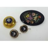 A pair of pietra dura style earrings in yellow metal, a y/m enamel and diamond set brooch, a