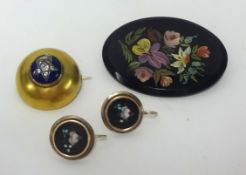 A pair of pietra dura style earrings in yellow metal, a y/m enamel and diamond set brooch, a