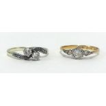 A 9ct small diamond set two stone cross over ring set and another similar ring (2), finger sizes M &