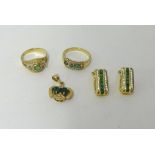 A pair 14ct emerald and diamond set earrings, also a pendant and a five stone ring and another.