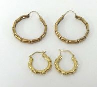 A pair 9ct gold faux bamboo earrings and another similar smaller pair, approx 5gms.