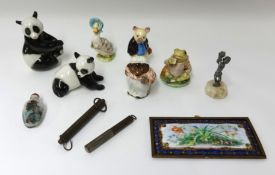 Two USSR panda figures, Beatrix Potter figures, scent bottle, scales, 19th century enamelled