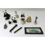 Two USSR panda figures, Beatrix Potter figures, scent bottle, scales, 19th century enamelled