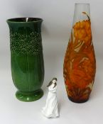 A Doulton figure 'Embrace', a modern 'cameo' etched glass vase and a pottery vase.