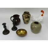 A pair of short twist oak candlesticks, various pottery, Studio jug with St.Ives seal, J.T.Jones