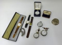 Pocket watches including one signed E.Doble, Hastings, a silver and glass stamp lick, cased tie pin,