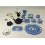 A black Jasper ware teapot, blue Wedgwood Jasper items, etc