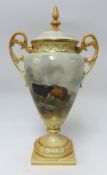 A fine 1907 Royal Worcester urn, painted and signed by John Stinton, decorated with highland cattle,