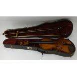 An old violin and two bows, cased.