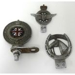 An RAC enamelled car badge, a BHS 'Horse' car badge and a Civil Service Motoring Association