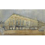 A fine 1930's architects drawing and watercolour wash painting of 'Hooper's, Torquay', formerly