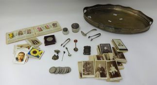 A silver plated gallery tray and various objects including Geo V 1951 crown, EP vesta, Wills