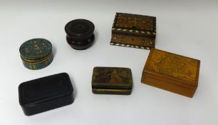 Various boxes including treen, a 19th century lacquered snuff box, June Crowshaw watercolour etc.