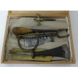 Various items, brass embossed fire bellows, sheep trimmers, old hand tools, part boxed set