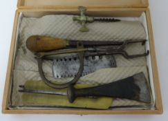 Various items, brass embossed fire bellows, sheep trimmers, old hand tools, part boxed set