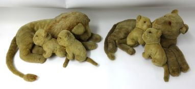 A group of pre war soft toys Lion family (4) also an oriental parasol