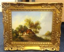 W.E.Rowland, 20th century signed oil on board, 'Thatched Cottage by a River'