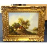 W.E.Rowland, 20th century signed oil on board, 'Thatched Cottage by a River'